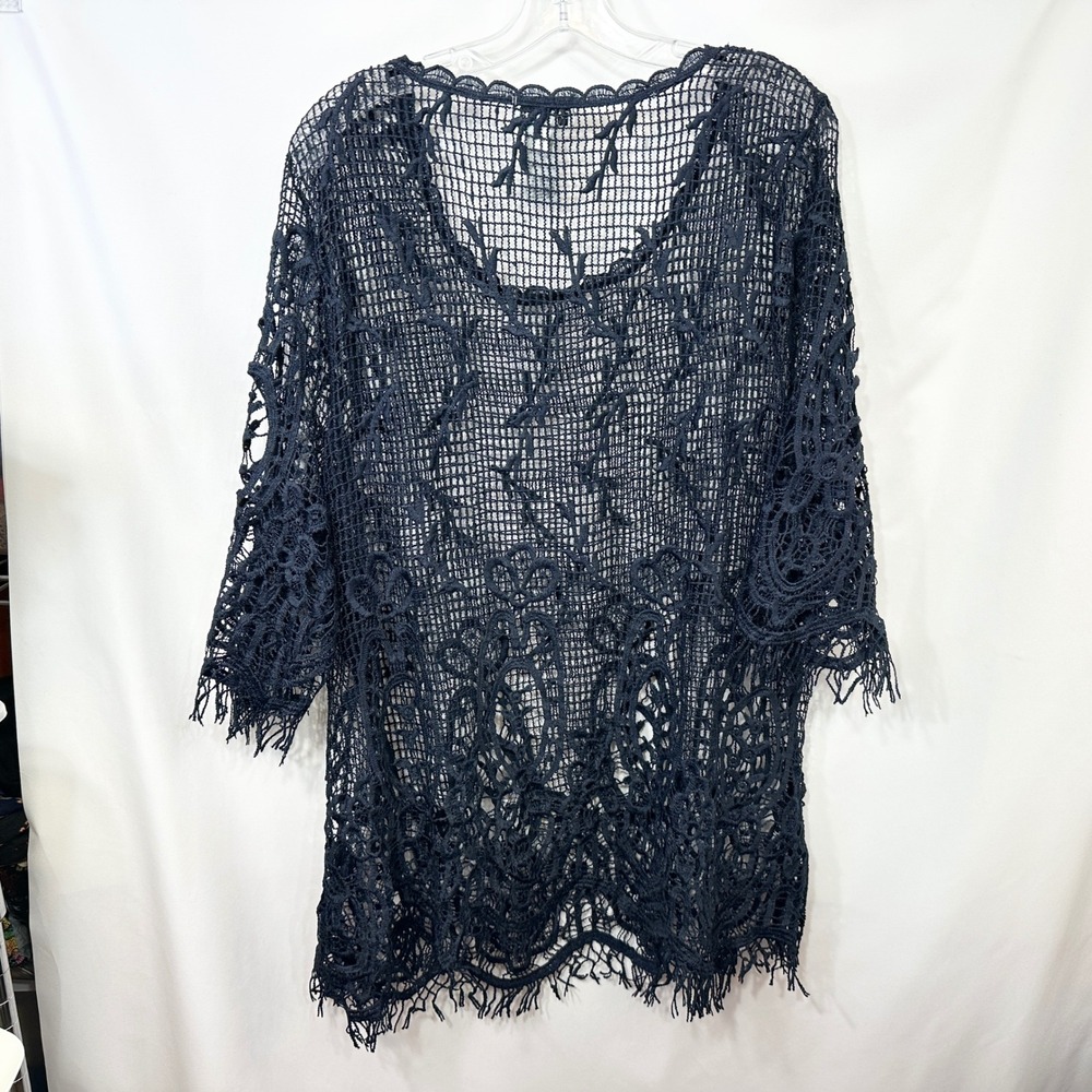 Catherines Plus Size 0X Lace Top Navy Blue Crochet Tunic Boho Witchy Gothic 179 - Picture 2 of 8